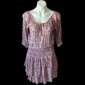 Creeks Red And Blue Floral Smocked 3/4 Sleeve Tiered Dress Size 10 Tomato Girl